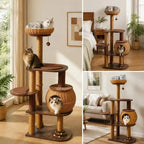 Multi-Level Cat Tree with PE Rattan Condo and Sisal Scratching Posts, Hanging Toy and Top Perch for Indoor Climbing Play, Brown, 59.5 Inch