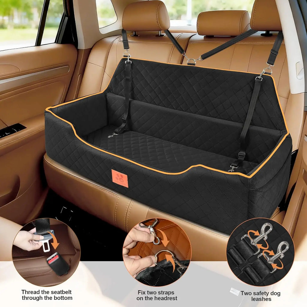 Large Dog Car Seat for Backseat & Trunk, Memory Foam, Washable Cover, Safety Belts, Fits Dogs Under 100 lbs