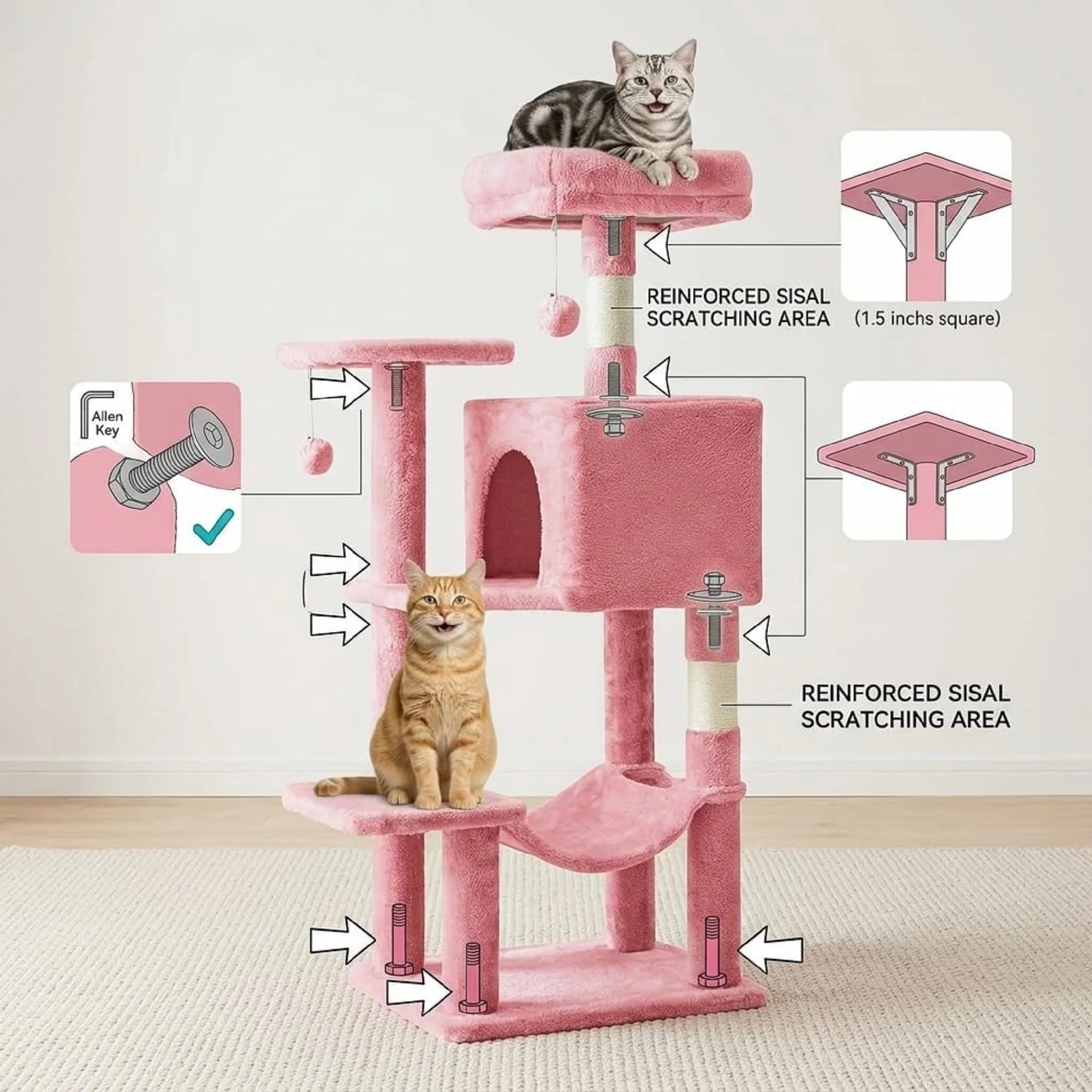44 Inch Multi-Level Cat Tree Tower, Indoor Cat Condo with Soft Plush Hammock & Full Sisal Wrapped Scratching Posts，Pink