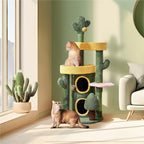 48.5in Cat Tree Oasis-Themed Fleece-Covered Cat Tree Tower, Cactus Cat Condo with 3 Perches/Scratching Posts/Toys, Cute Cat House Activity Center, Anti-tipping, Ideal Christmas Gift for Indoor Cat Kitty, Green & Yell