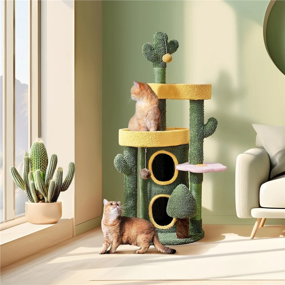 48.5in Cat Tree Oasis-Themed Fleece-Covered Cat Tree Tower, Cactus Cat Condo with 3 Perches/Scratching Posts/Toys, Cute Cat House Activity Center, Anti-tipping, Ideal Christmas Gift for Indoor Cat Kitty, Green & Yell