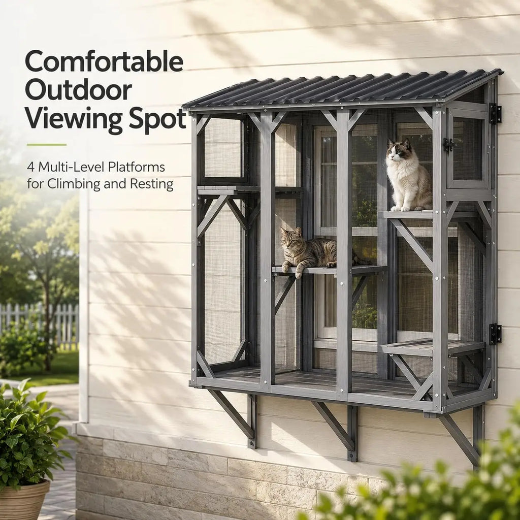 Catio Cat Enclosure, Wood Window Box, UV-Resistant Roof & Rust-Resistant Steel Mesh, Pet House with 2 Lounging Boxes and 5 Platforms, All-Weather Use, Keeps Insects Out
