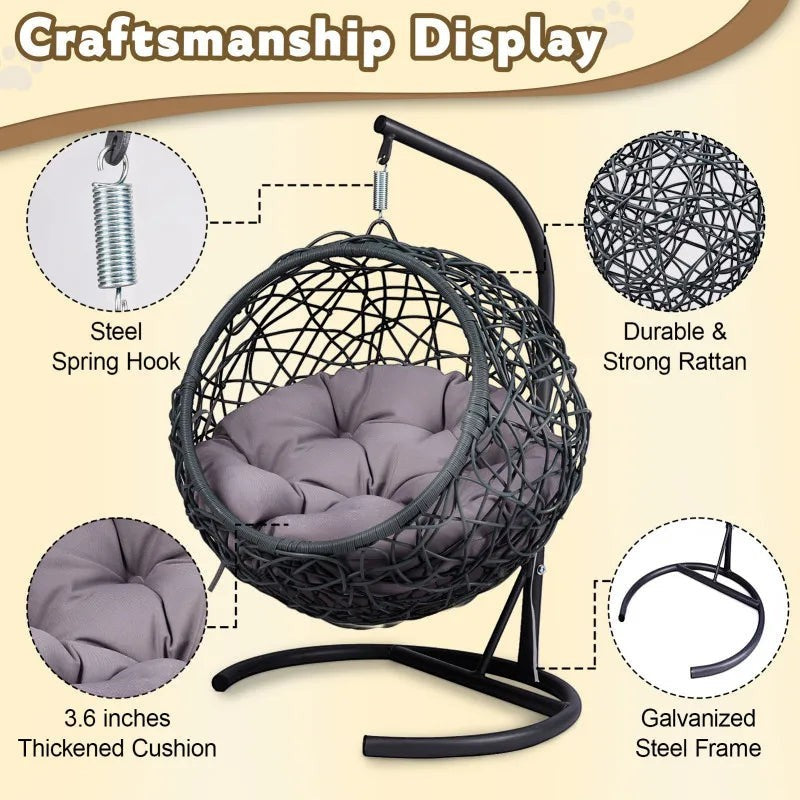 Cat Swing Egg Chair: Hanging Rattan-Style Bed with Stand & Cushion