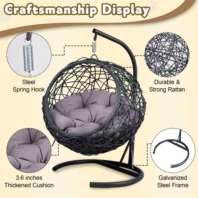 Cat Swing Bed with Stand & Cushion, Cat Egg Chair with Rattan Wicker Appearance, Indoor Hanging Swinging Cat Bed for Cats, Sm