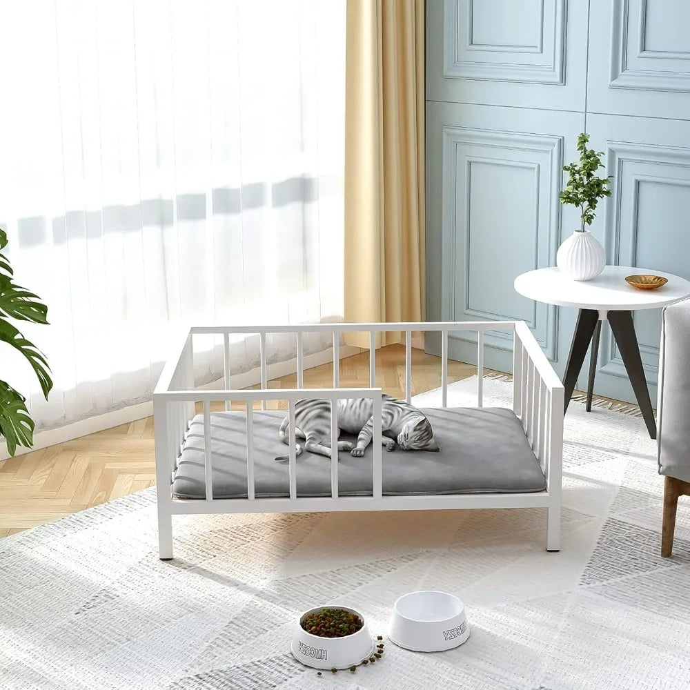 Elevated Dog Bed with Rails, Metal Frame & Solid Wood, Washable Mat, Medium 25.2x37.8in, White