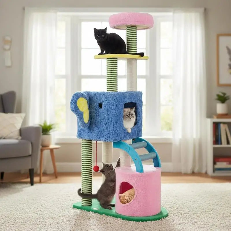 Elephant Themed Cat Tree for Cats with Condos and Padded Perch-Colourful