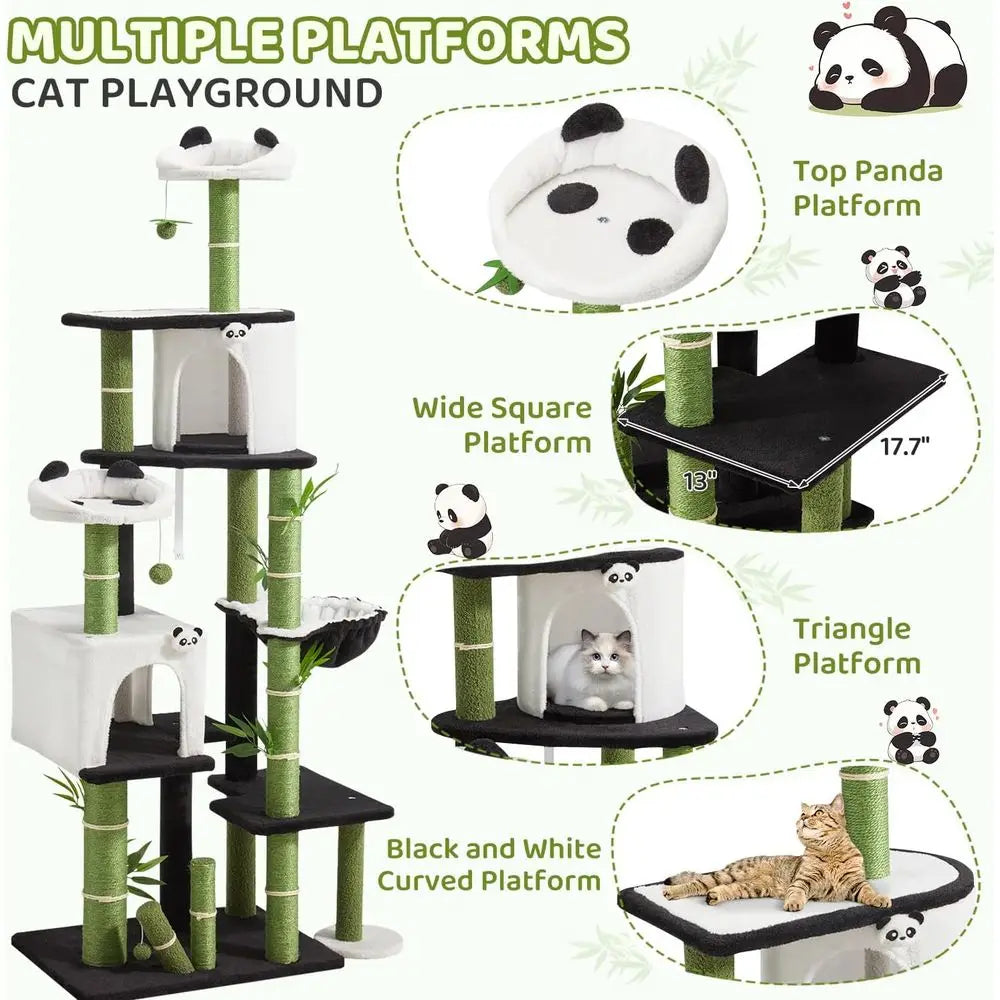 71.3 Tall Cat Tower with Panda Design: Spacious Kitty Condo, Sisal Scratching Post, Hammock, and Multi-Level Platforms