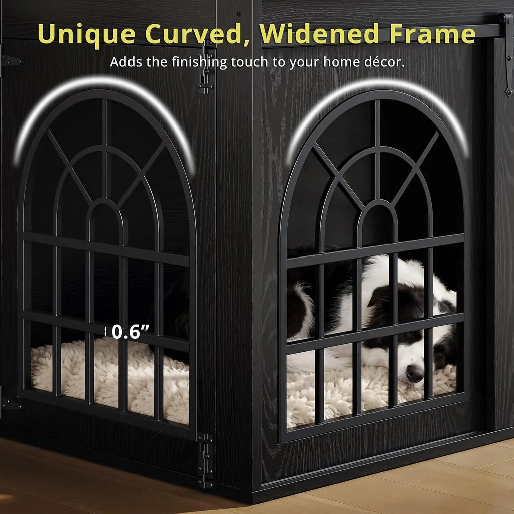 Black 45.1 Inch Wooden Dog Crate Furniture with Sliding Barn Door, 2-in-1 Pet Kennel & TV Console Table with 3 Hanging Hooks, Chew Resistant Multi-Purpose Indoor Pet Enclosure