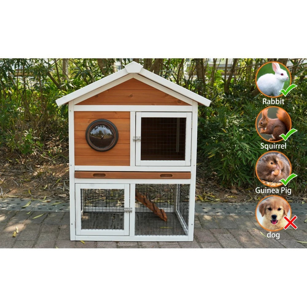 Ye Rabbit Hutch Outdoor: 2-tier Wooden Rabbit House with Waterproof Roof, Removable Tray, Viewing Window, Suitable for Small Animals like Guinea Pigs and Hamsters