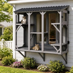Catio Cat Enclosure, Wood Window Box, UV-Resistant Roof & Rust-Resistant Steel Mesh, Pet House with 2 Lounging Boxes and 5 Platforms, All-Weather Use, Keeps Insects Out