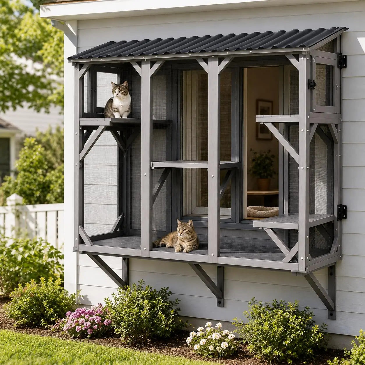 Catio Cat Enclosure, Wood Window Box, UV-Resistant Roof & Rust-Resistant Steel Mesh, Pet House with 2 Lounging Boxes and 5 Platforms, All-Weather Use, Keeps Insects Out