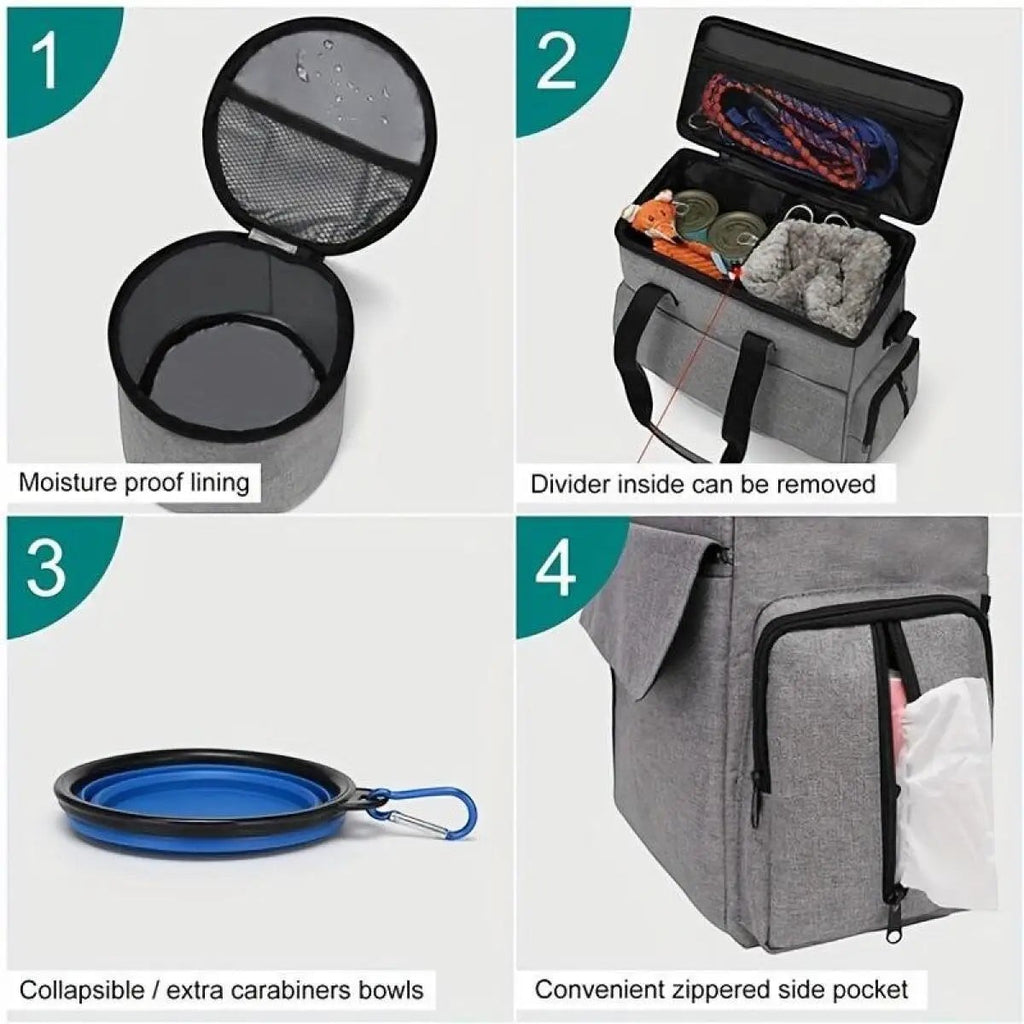 Pet Travel Bag Set Airline Approved Dog Cat Travel Organizer Weekend Tote Multi Function Pockets Supplies Bowls Containers