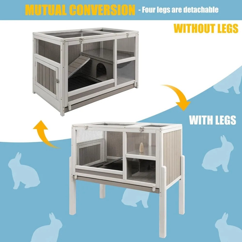 Wooden Guinea Pig Cage 2-Story with Stand, Leak-Proof Tray, Ramp & Hideout for Small Pets
