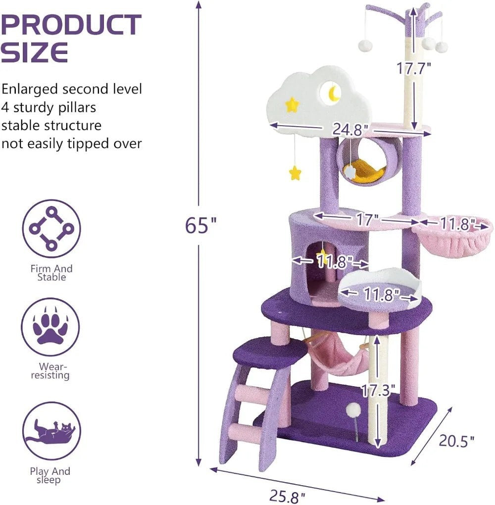 Cloud Cat Tree — 65" Multi-Level Tower with Condo & Hammock