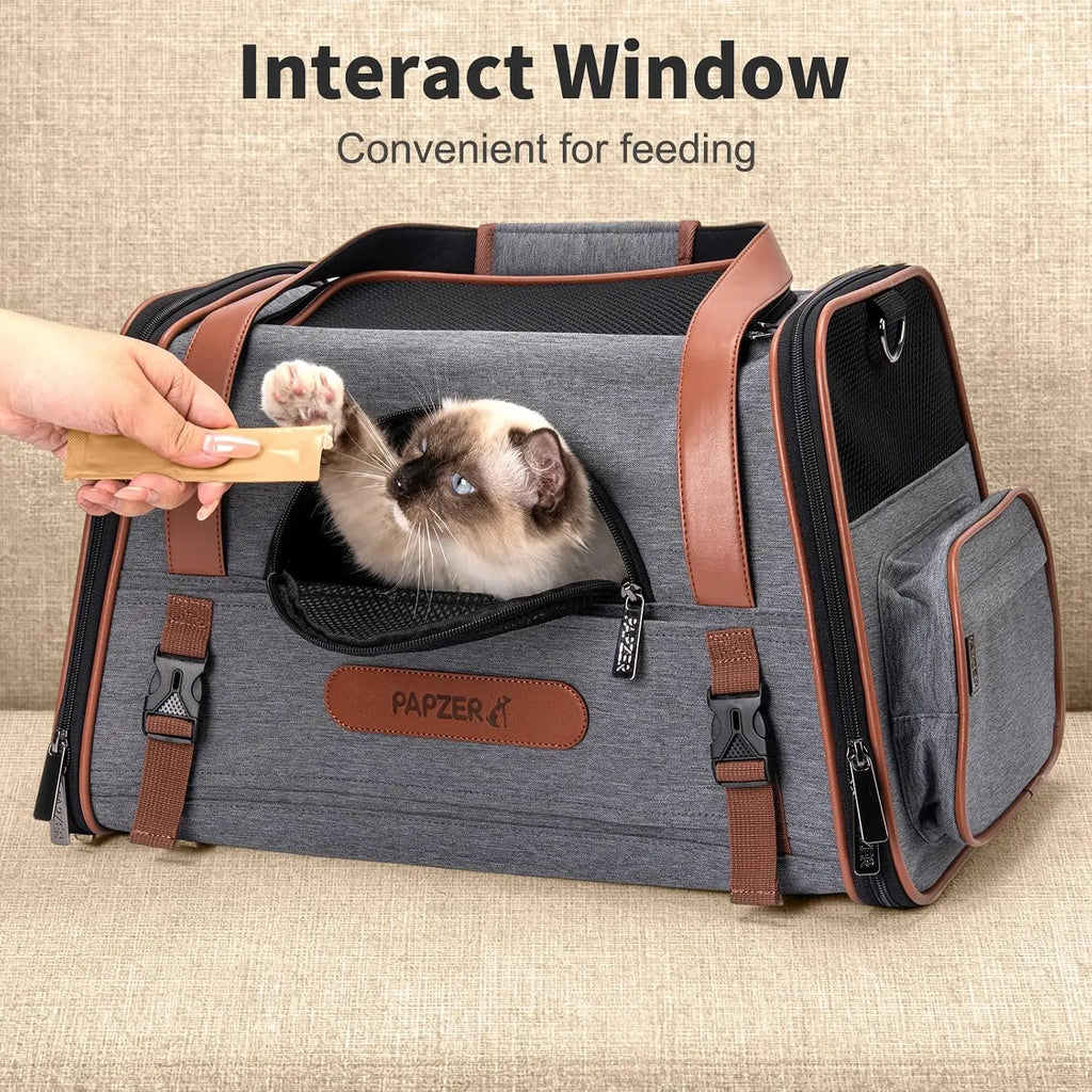 Premium Pet Carrier for Medium to Large Cats, Durable Leather & Oxford Fabric, Top & Side Load, Foldable, for Travel & Car