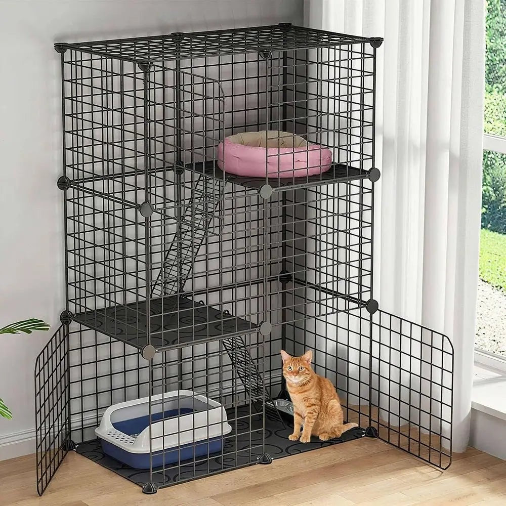 3-Tier Cat Cage & Playpen — Foldable Indoor Enclosure with Ladders