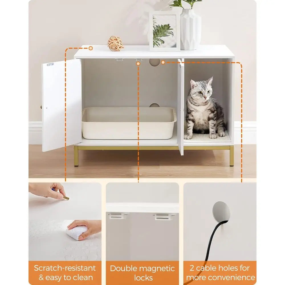 White & Gold Litter Box Cabinet — Winding Entry, Scratch Pad