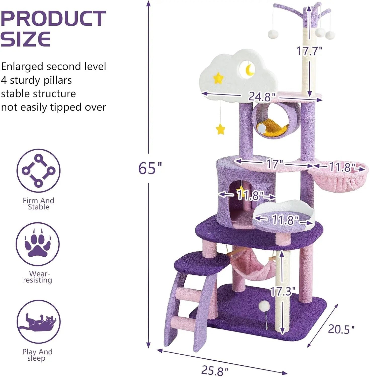 Cloud Cat Tree — 65" Multi-Level Tower with Condo & Hammock