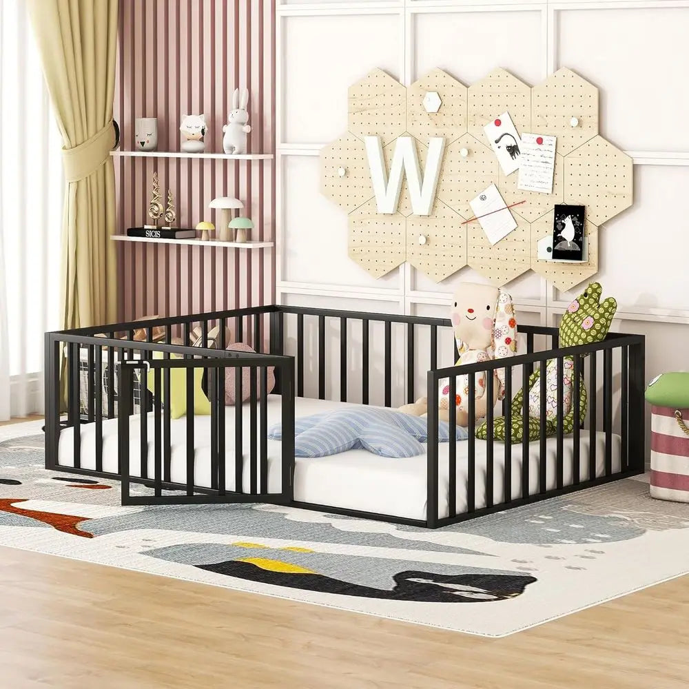 Full Size Metal Bed with Rail and Door for Kids, Suitable for Boys and Girls in Black