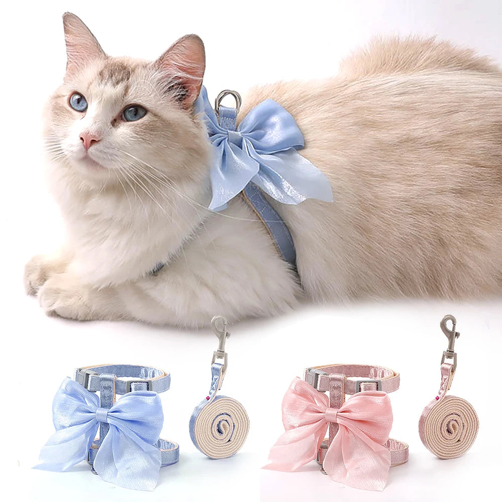 Cat Harness and Leash Set with Big Bow, Escape Proof  Kitten Lead, Adjustable H-Type Vest for Walking, Cute Shiny Accessories