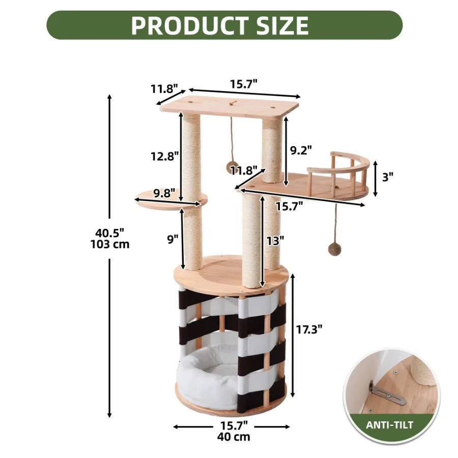 40 in Solid Pine Wood Cat Tree Multi-Level Cat Tower with Cat House Observation Perches Plush Bed and Sisal Scratching Posts In