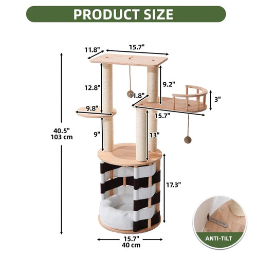 40 in Solid Pine Wood Cat Tree Multi-Level Cat Tower with Cat House Observation Perches Plush Bed and Sisal Scratching Posts In