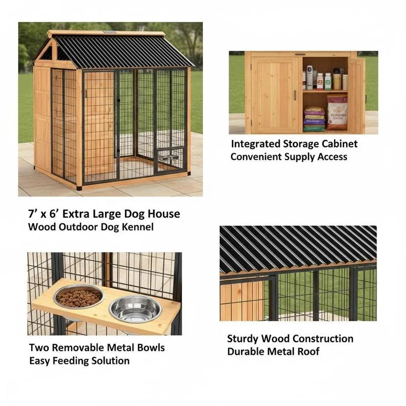 7' X 6' Extra Large Dog House, Wood Outdoor Dog Kennel with Storage Cabinet, Stainless Steel Bowls, Light Yellow