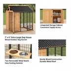7' X 6' Extra Large Dog House, Wood Outdoor Dog Kennel with Storage Cabinet, Stainless Steel Bowls, Light Yellow