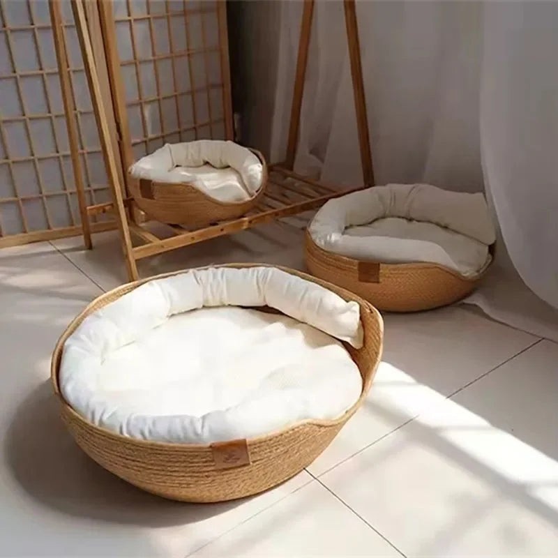 Four Season Cozy Nest Baskets Sleeping Bag Soft Cat Kennel Dog Beds Bamboo Weaving Waterproof Removable Cushion Design Pet Beds