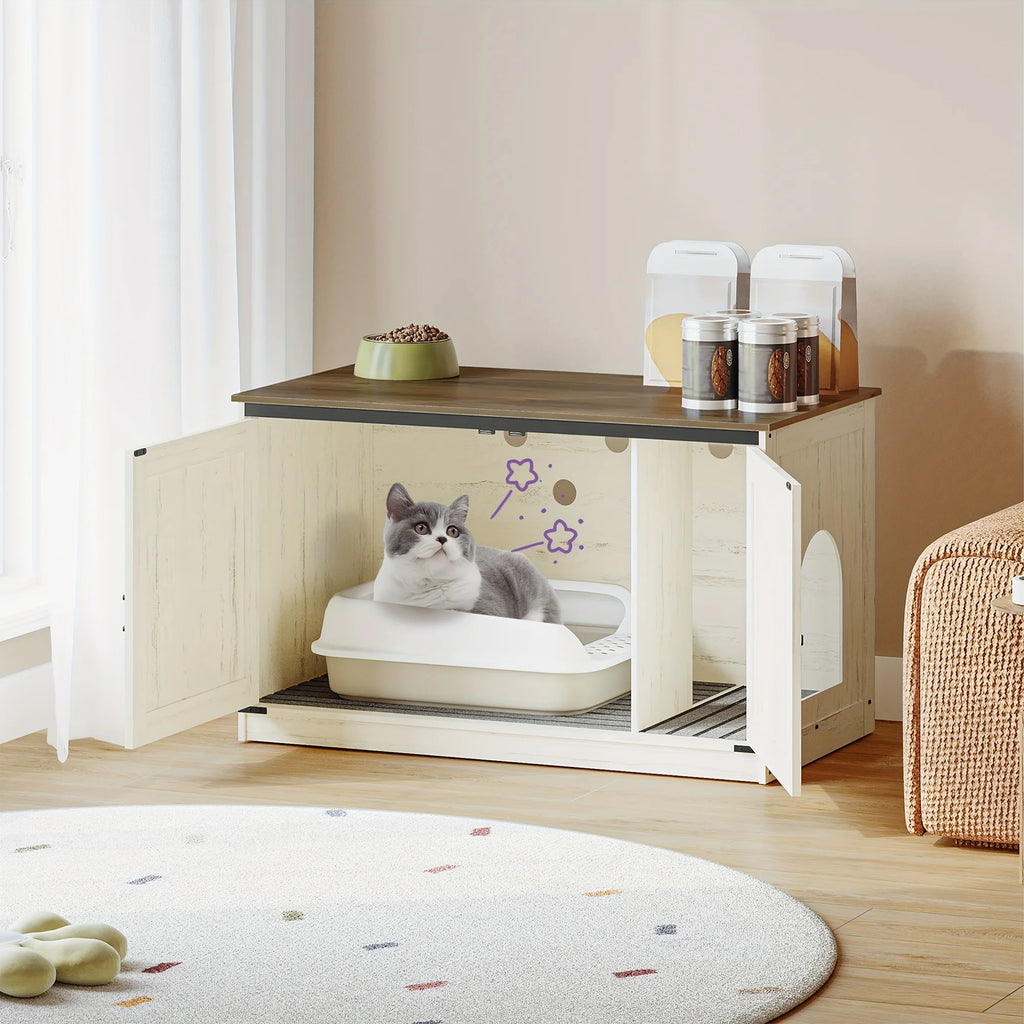 Hillcrest Reversible Litter Box Cabinet — Hidden Storage, Barn Door Design