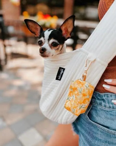 Canvas Dog Sling Carrier for Small Pets Hands Free with Safety Hook and Pocket for Outdoor Travel