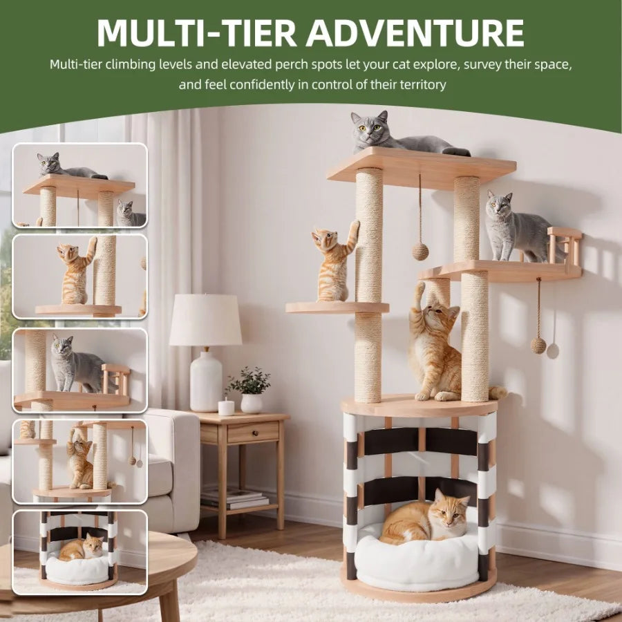 40 in Solid Pine Wood Cat Tree Multi-Level Cat Tower with Cat House Observation Perches Plush Bed and Sisal Scratching Posts In