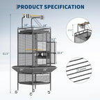 Large Bird Cage, Metal Parakeet Cage with Play Top, Wood Perches & Feeder, Spacious Rolling Flight Cage for Parrots, Cockatiels