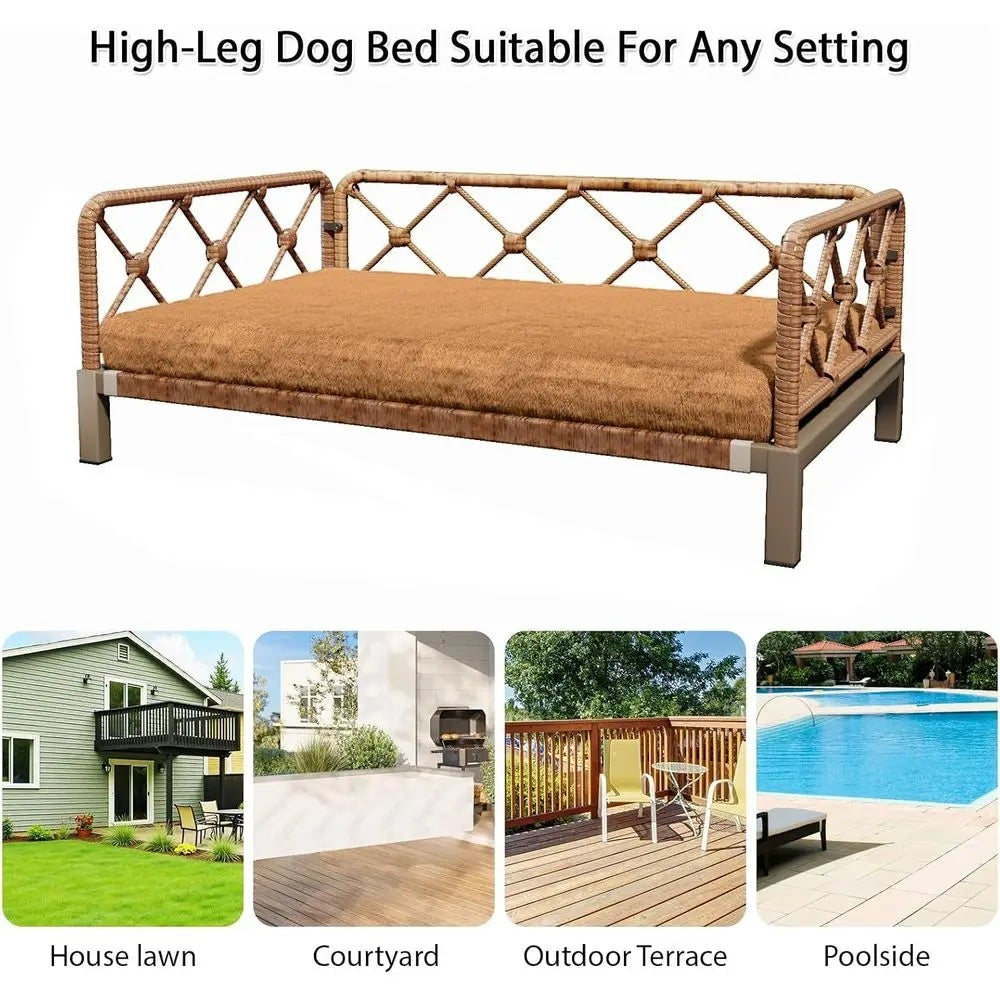 Indoor Wicker Dog Bed with Rattan Sofa, Cushion, and Pet Furniture - Brown, Large & Medium Sizes