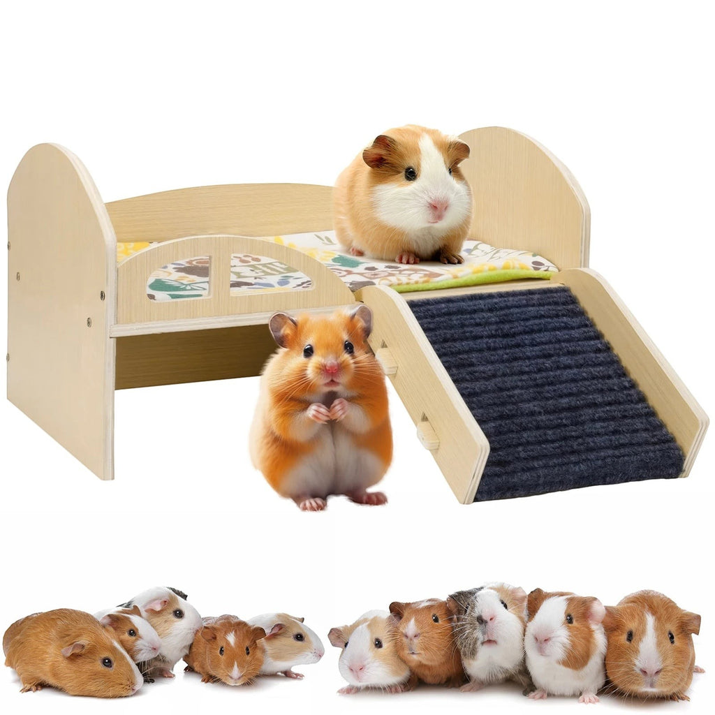Guinea Pig Bed with Stable Stairs & Mat Wood Pet Toy Bed Reusable Multi-Level Guinea Pig Castle for Hamsters Bunny Chinchillas
