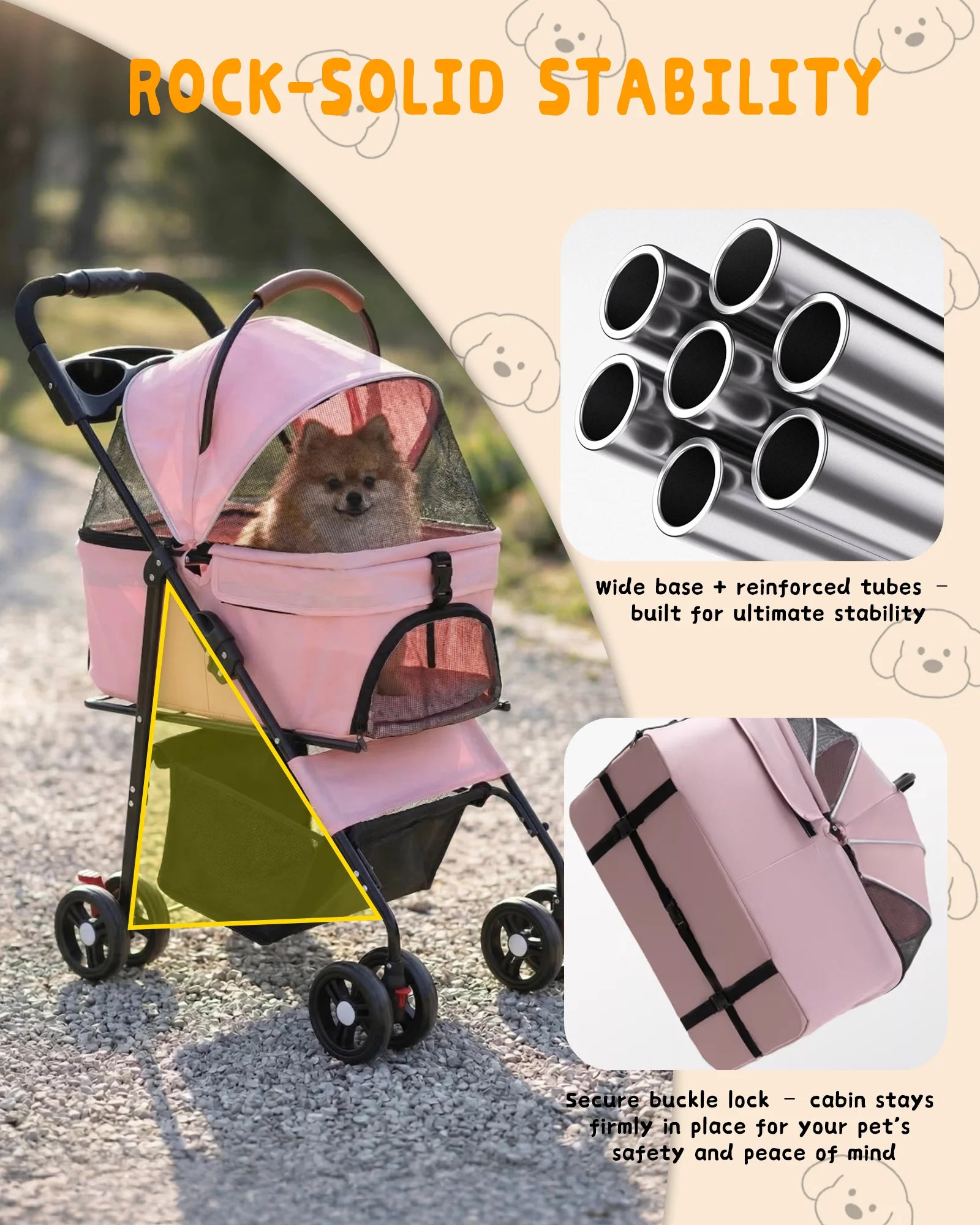 Portable Pet Stroller with Removable Pet Carrier Foldable Stroller for Small to Medium-Sized Cats and Dogs