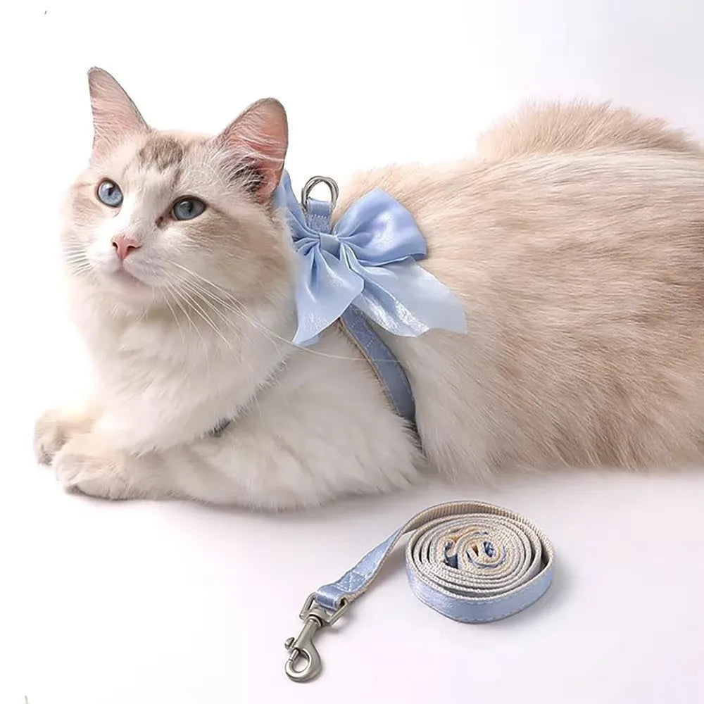 Cute Adjustable Bowknot Cat Harness Leash Escape Proof Shiny Bowknot Cat Leash Traction Rope Pet Decoration
