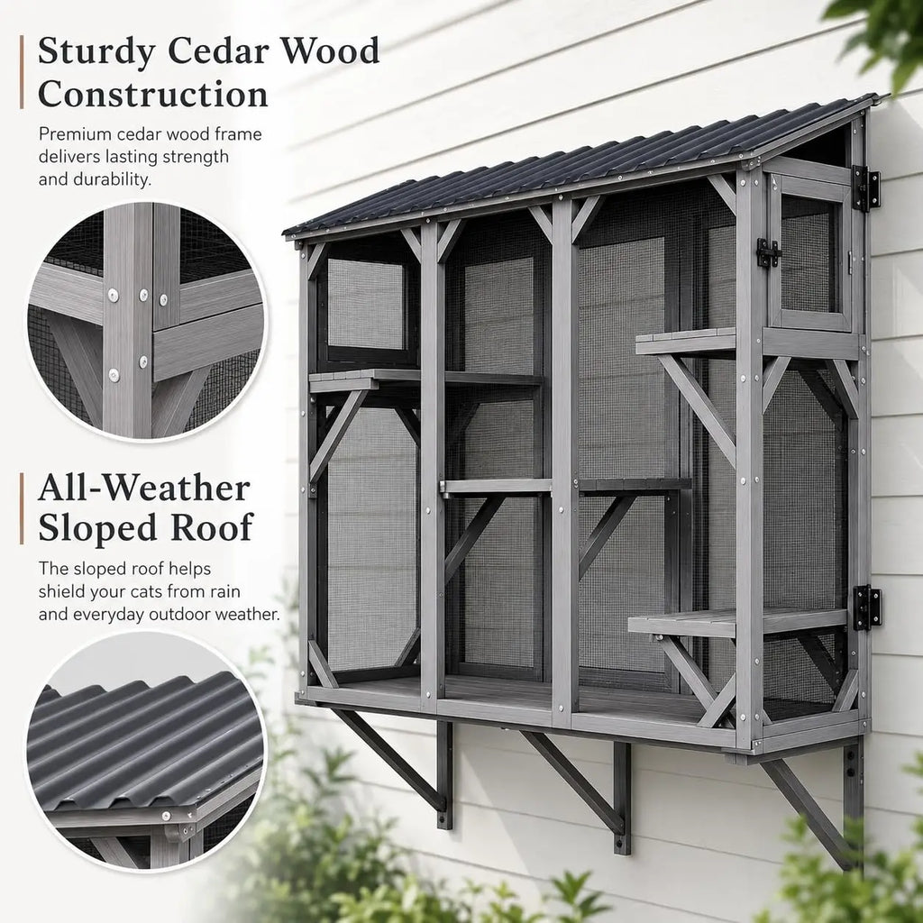 Catio Cat Enclosure, Wood Window Box, UV-Resistant Roof & Rust-Resistant Steel Mesh, Pet House with 2 Lounging Boxes and 5 Platforms, All-Weather Use, Keeps Insects Out