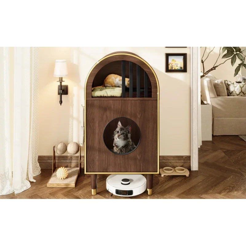 Cat Litter Box Enclosure , 2-in-1 Condo Cat Bed, Cat Shelter Furniture with Two-Level Cozy Haven for 2 Cats, Cute Kitty Condo for Sleeping, Luxury Cat House& Furniture, Espresso