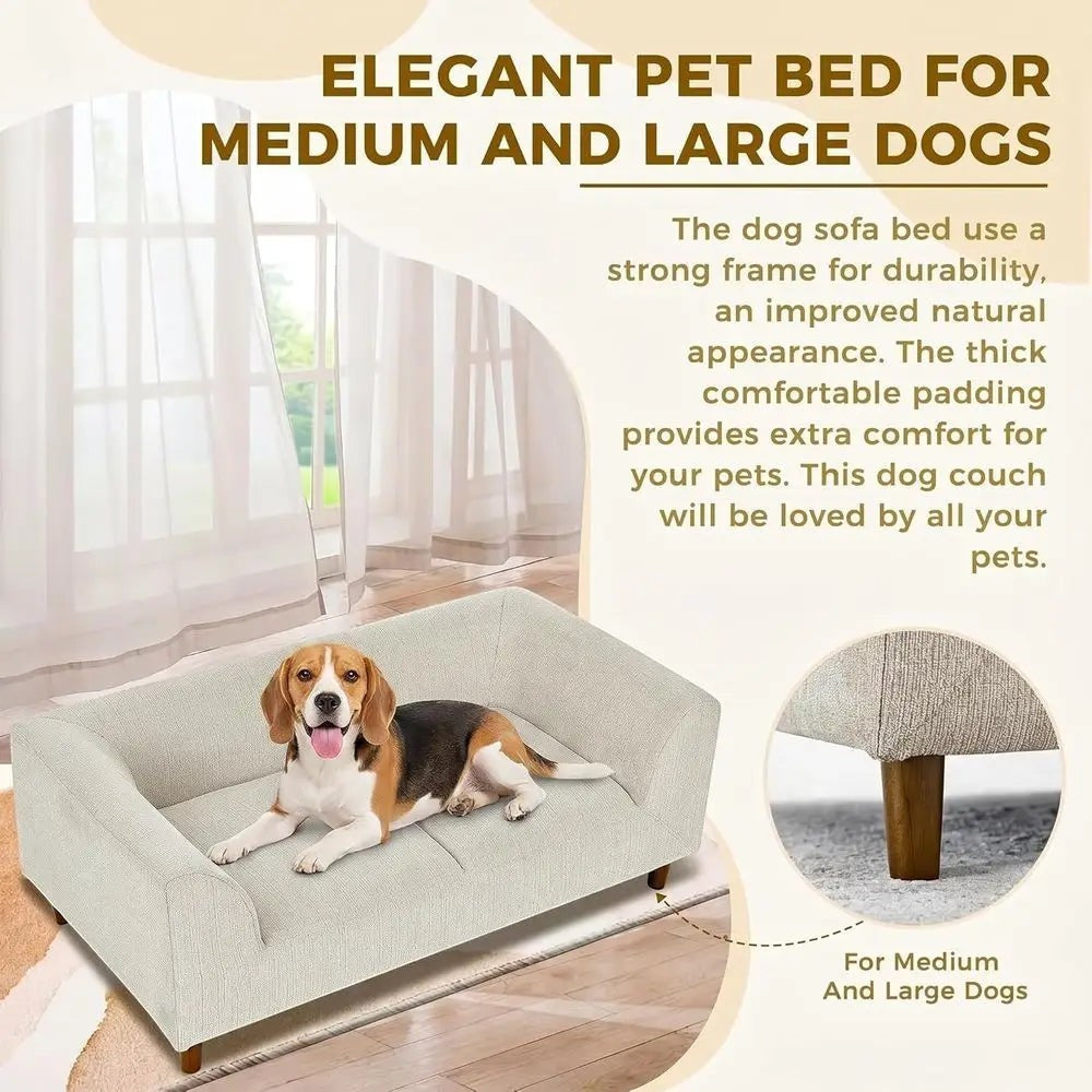 Memory Foam Dog Sofa Bed with Backrest and Armrest, Elevated Pet Couch Bed with Wooden Legs, Beige