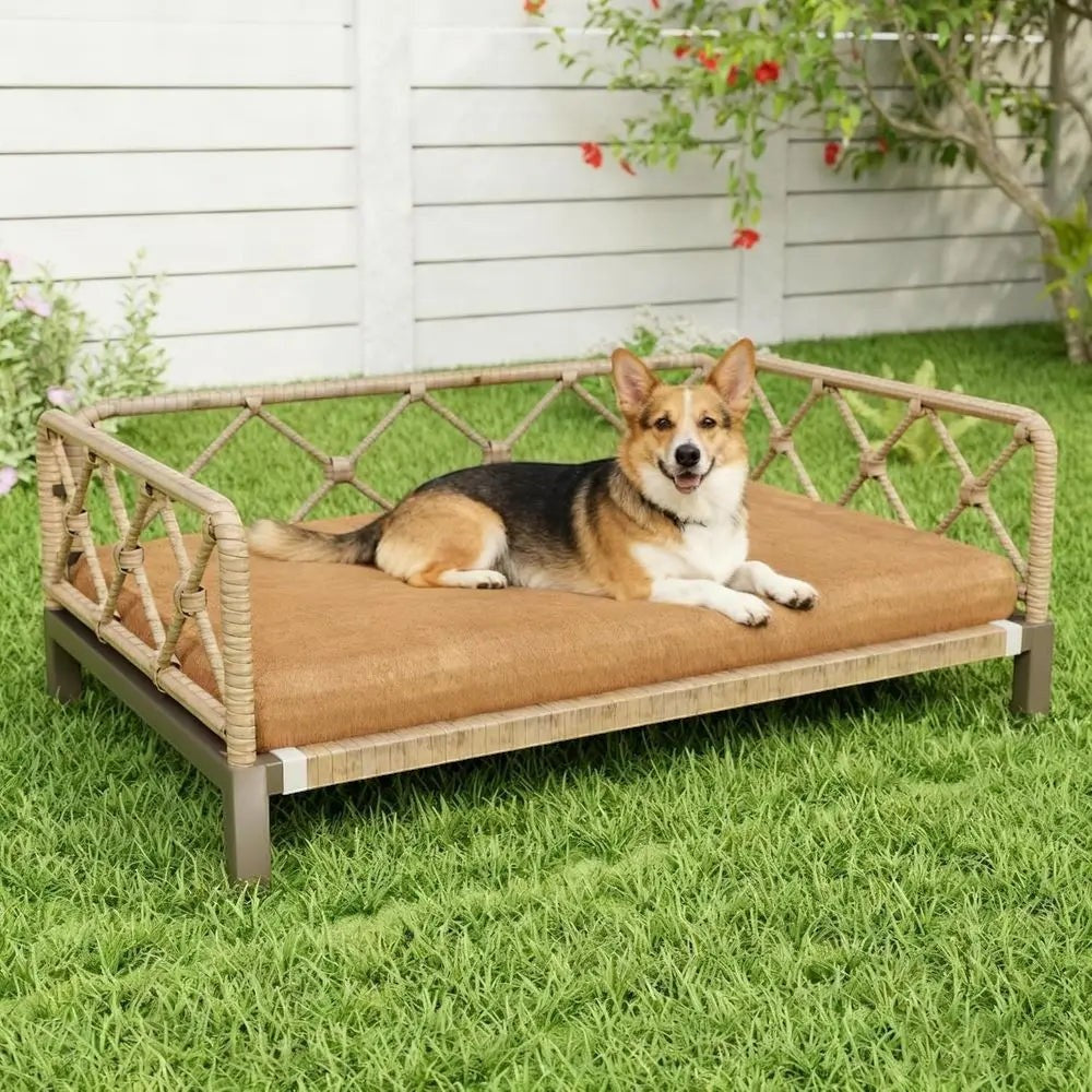 Indoor Wicker Dog Bed with Rattan Sofa, Cushion, and Pet Furniture - Brown, Large & Medium Sizes