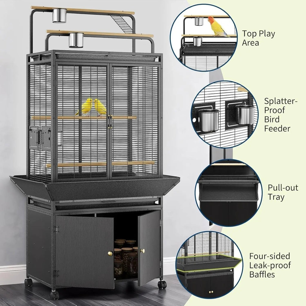Large Bird Cage, 71" h Rolling Birdcage with Play Top & Storage Cabinet, Wood Parakeet Cage for Macaw Parakeet Parrot Cockatiel Budgie (Dark Walnut)