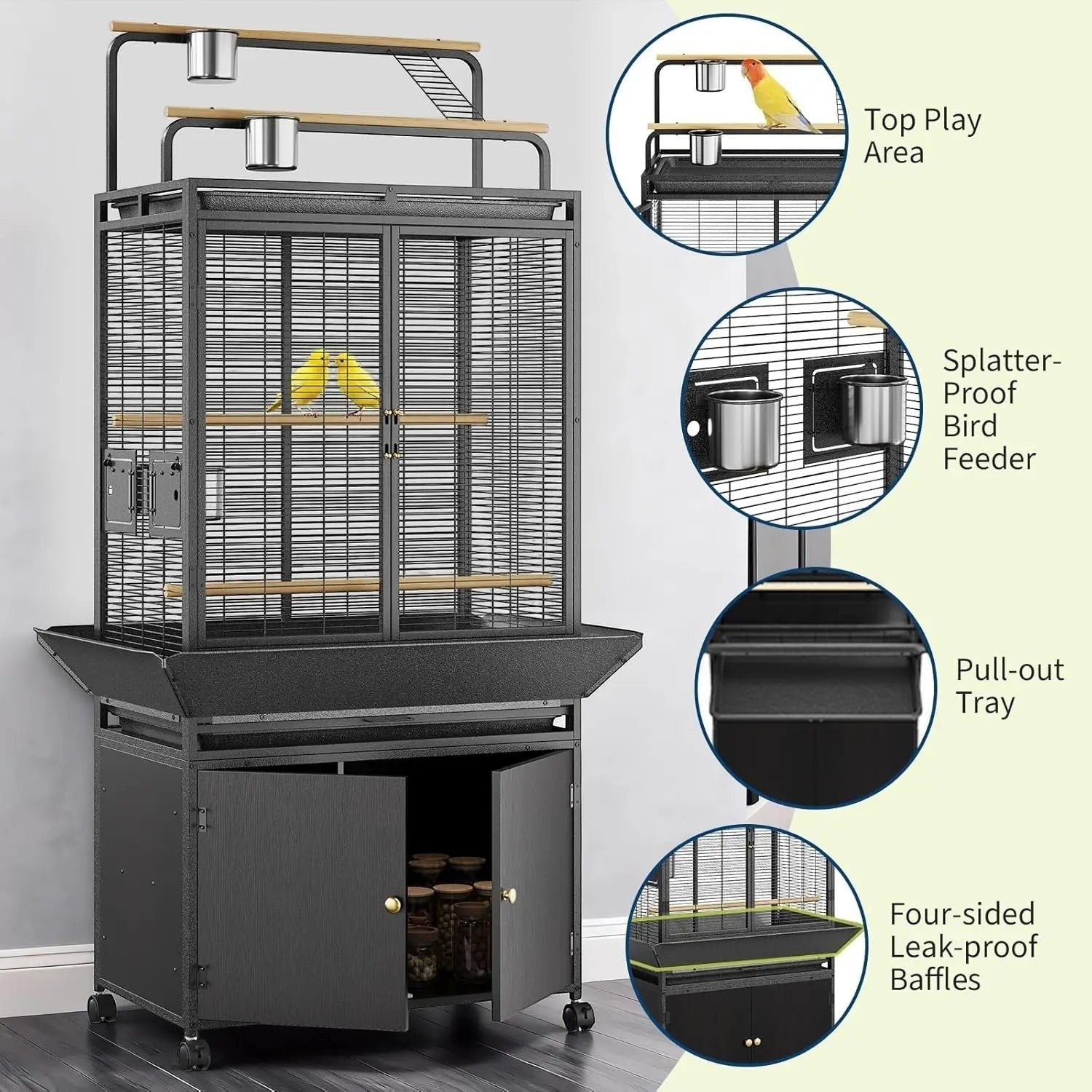 Large Bird Cage, 71" h Rolling Birdcage with Play Top & Storage Cabinet, Wood Parakeet Cage for Macaw Parakeet Parrot Cockatiel Budgie (Dark Walnut)