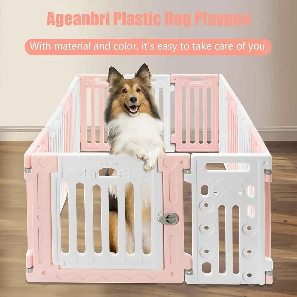 Portable 13-Panel Dog Playpen with Door, Non-Slip and Secure, Ideal for Puppy Play and Exercise (Pink & White)