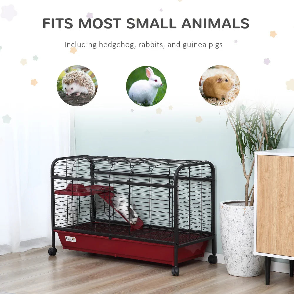 41"L Small Animal Cage - Rabbit Hutch, Ferret Pet Play House with Feeder, Rolling Wheels, Platform & Ramp