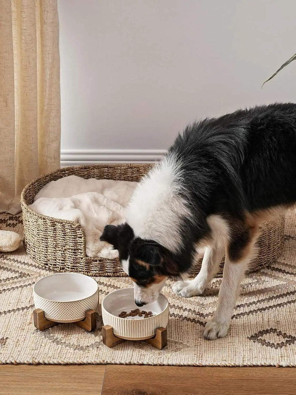 Ceramic Dog Bowls for Medium Large Dogs - 5 Cup Large Dog Food and Water Bowls with Wood Stand, Cute Pet Dishes Set of 2, Lines+Dot