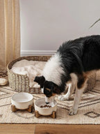 Ceramic Dog Bowls for Medium Large Dogs - 5 Cup Large Dog Food and Water Bowls with Wood Stand, Cute Pet Dishes Set of 2, Lines+Dot