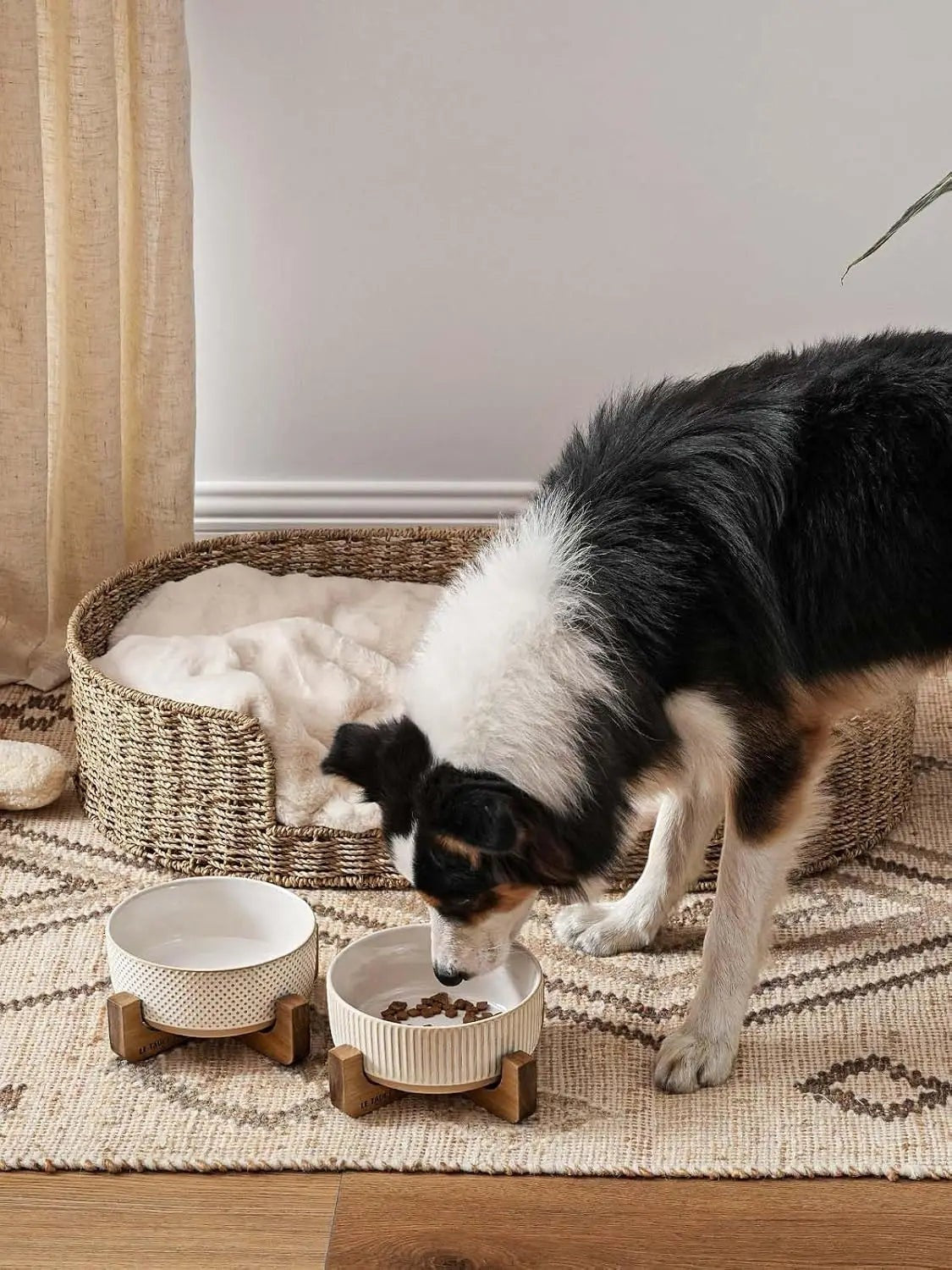 Ceramic Dog Bowls for Medium Large Dogs - 5 Cup Large Dog Food and Water Bowls with Wood Stand, Cute Pet Dishes Set of 2, Lines+Dot