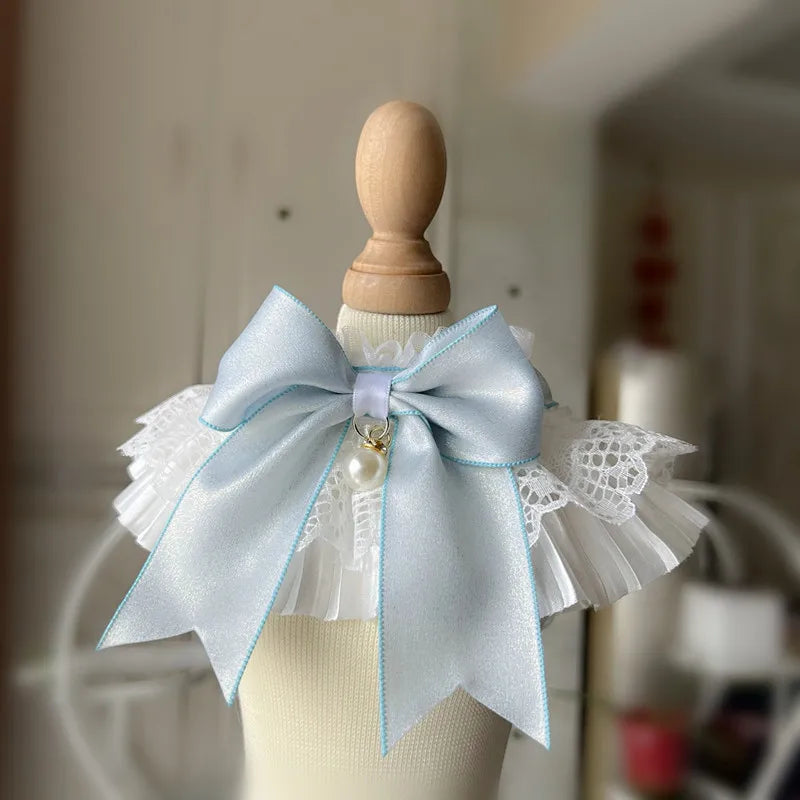Sweet Cat Dog Bibs Collar Girls Neck Decoration Adjustable White Lace Pink/Blue Bowknot Neckerchief  String Strap Scarf Necklace