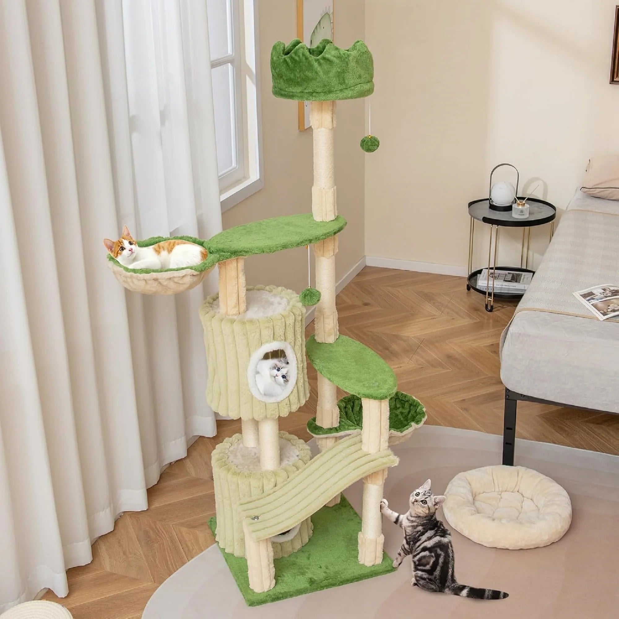 63 inch Tall Cat Tree,Multi-Level Aesthetic Stripped Cat Tower with Sisal Scratching Posts, 2 Condos,2 Side Baskets,and 2 Balls